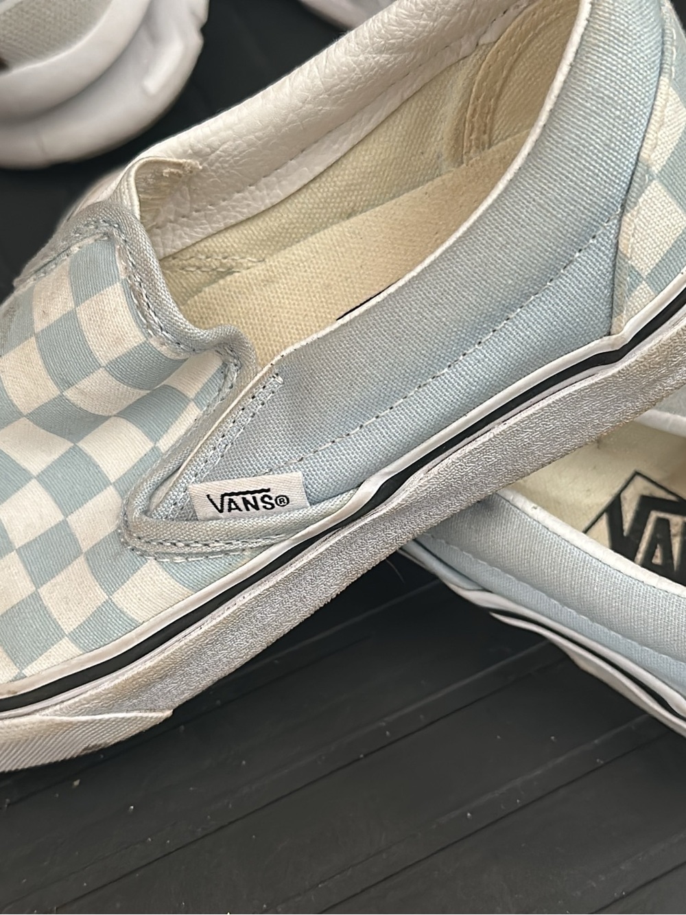 Vans Slip-On Checkerboard in Light Blue and White WORN TWICE
